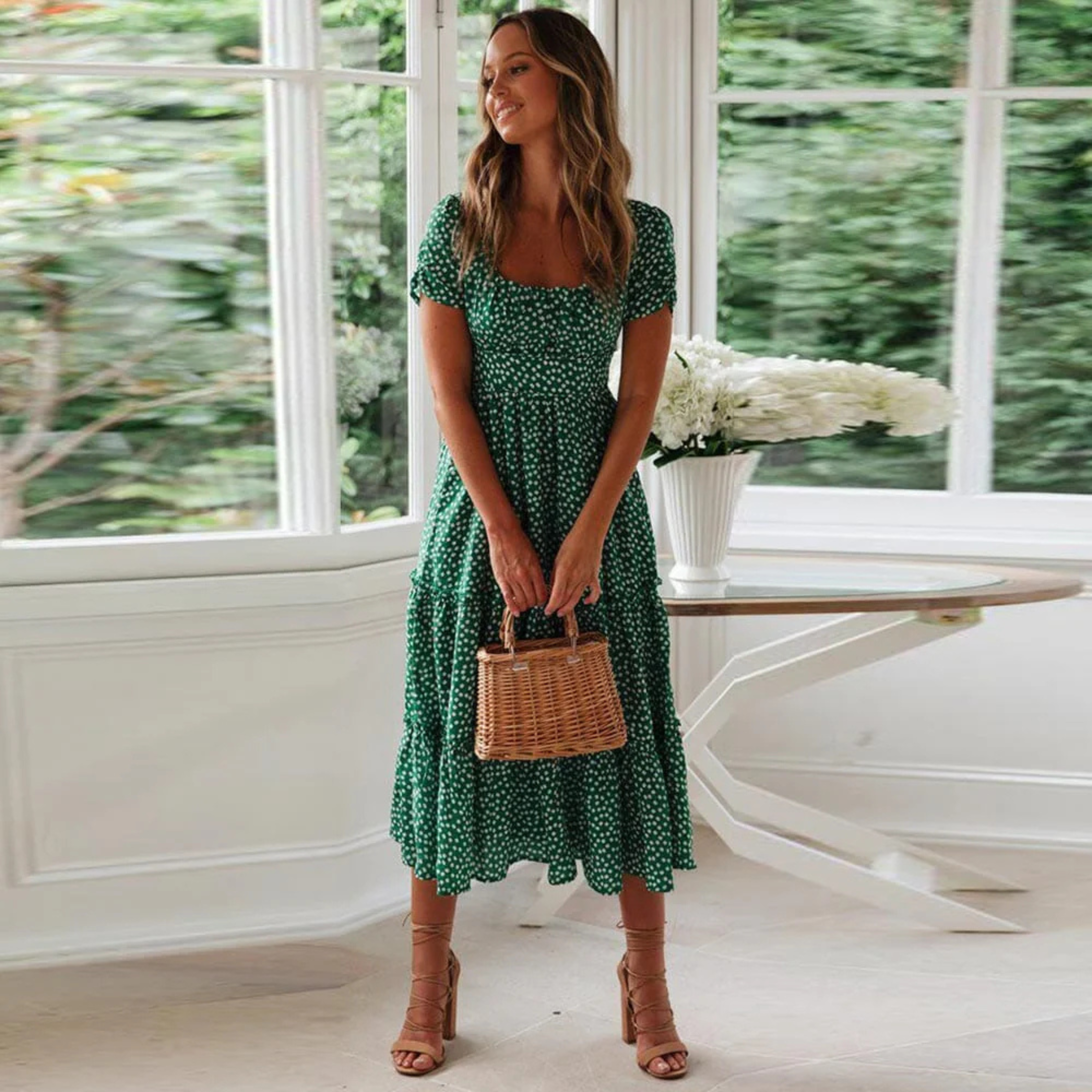 Femmes Robe Midi Boho | Manches Bouffantes