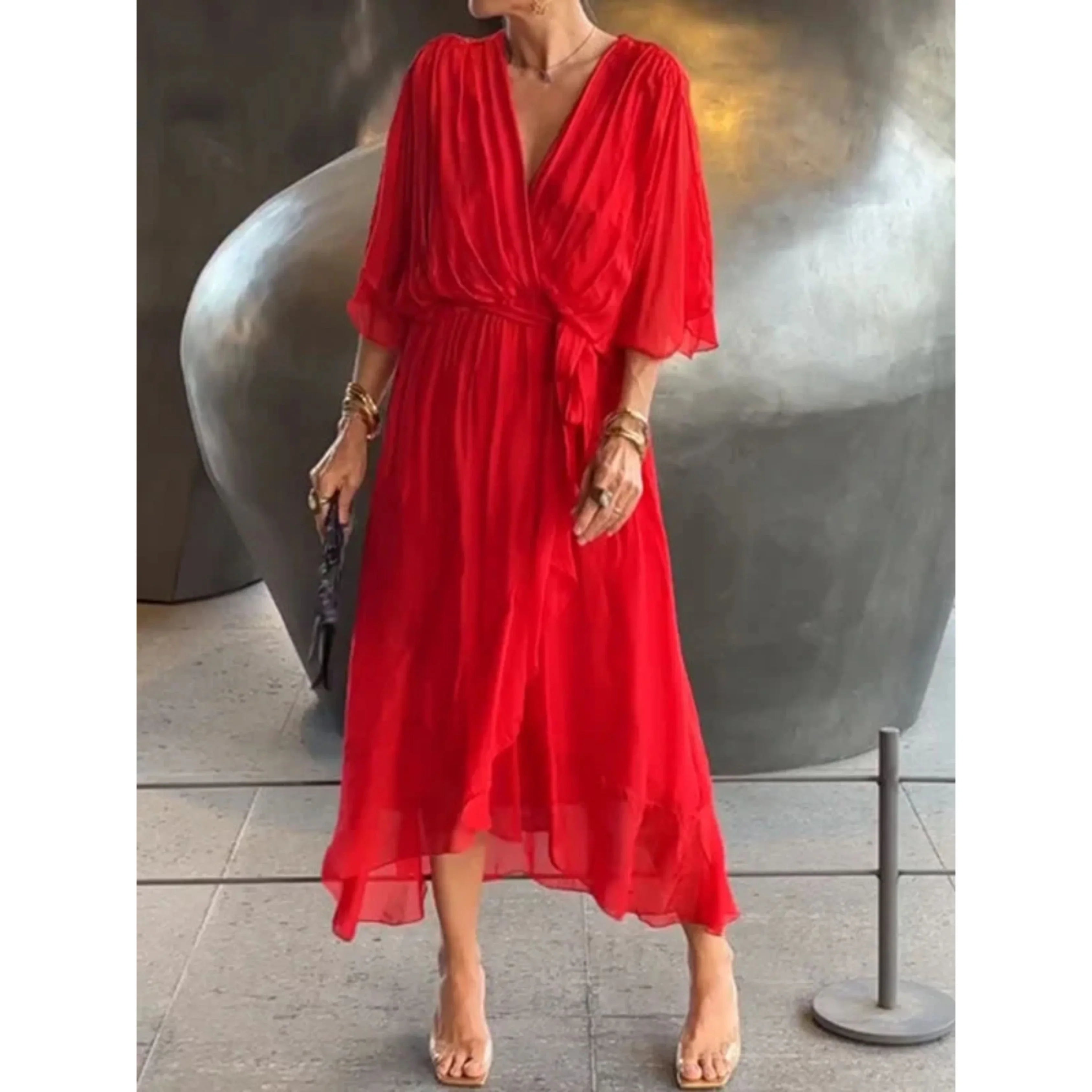 Femmes Robe Col V | Mousseline de Soie Stylée